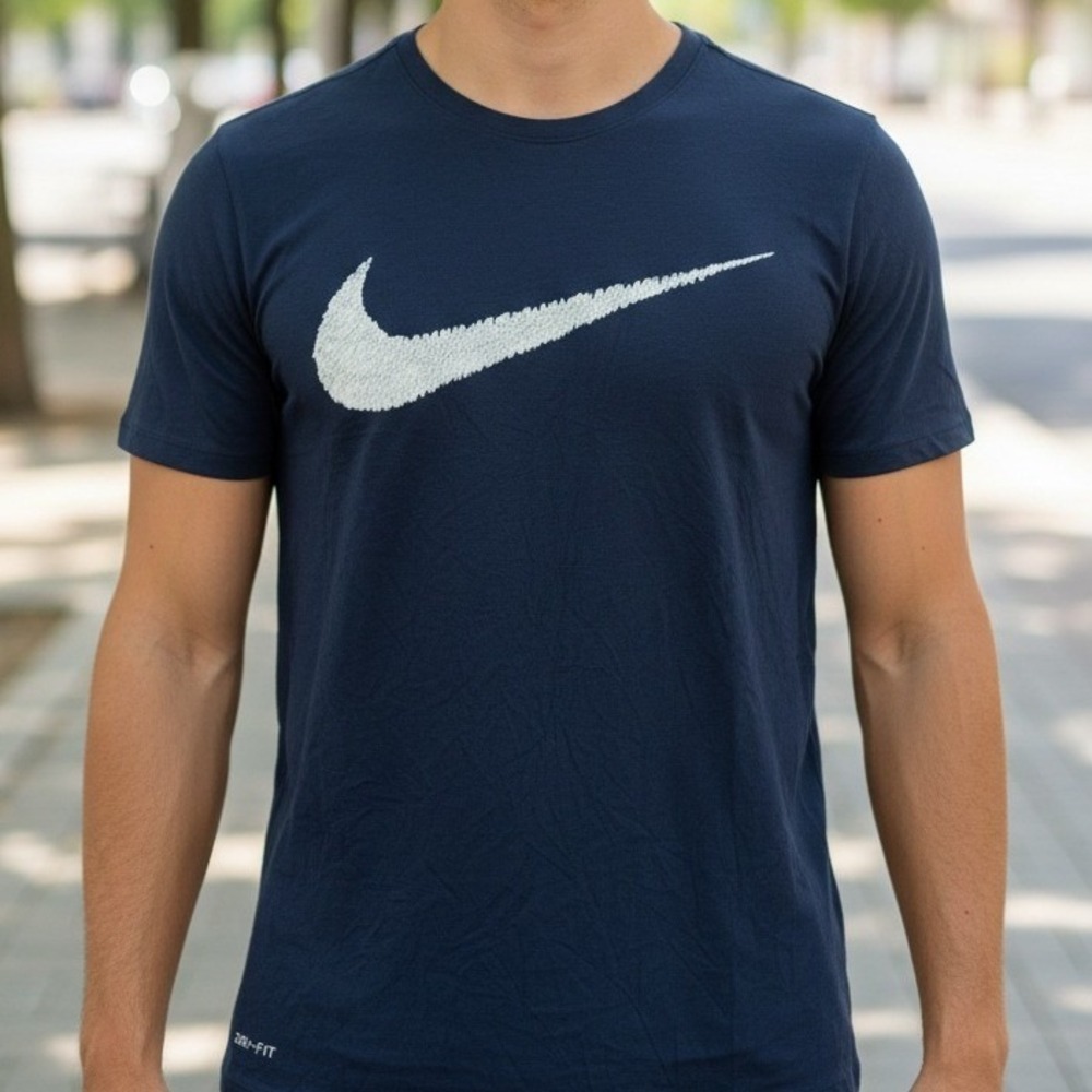 Nike Dri-FIT Mens T-Shirt Navy‎ Blue Textured Swoosh Athletic Cut Sporty Tee